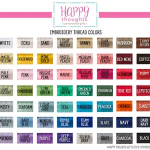 May include: A color chart displaying embroidery thread colors, including white, ecru, sand, and light mocha. The chart also shows shades of pink, green, blue, and other colors. The Happy Thoughts logo is at the top.