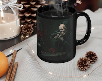 Hooded Modern Skeleton with Dark Roses mug | Black Ceramic Coffee Mug