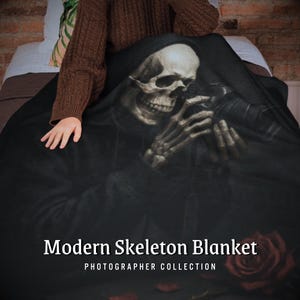 Modern Gothic Skeleton Photographer Velveteen Microfiber Blanket | Skull and Bones with Camera with Roses