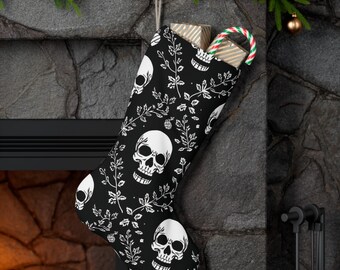 Gothmas Gothic Christmas Stocking, Black with Skulls and Winter Vines