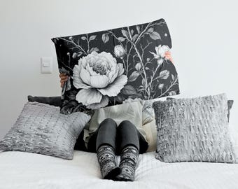 Black and White Peony Pattern Pillow Sham | Floral Decorative Pillowcase