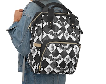Gothic Bat Diamond Pattern Diaper Backpack | Baby Bottle Pacifier Print