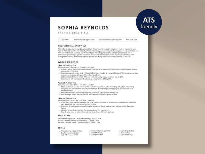 A minimalist, ATS-friendly resume template for job seekers, featuring a clean, professional layout with sections for work experience, education, and skills, displayed on a modern navy blue and tan split-tone background.