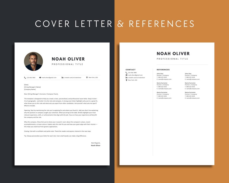 Matching Canva cover letter and references templates for a cohesive professional resume set. Clean modern style for business correspondence, job applications, or proposals.
