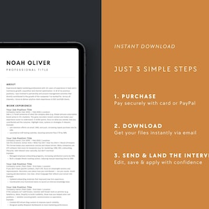 Tablet showing Canva resume layout with step-by-step instructions to purchase, download, and apply. Simple process for instant career-ready results.