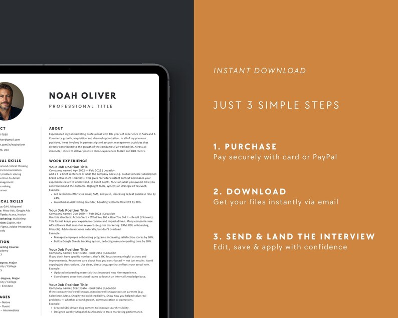 Tablet showing Canva resume layout with step-by-step instructions to purchase, download, and apply. Simple process for instant career-ready results.