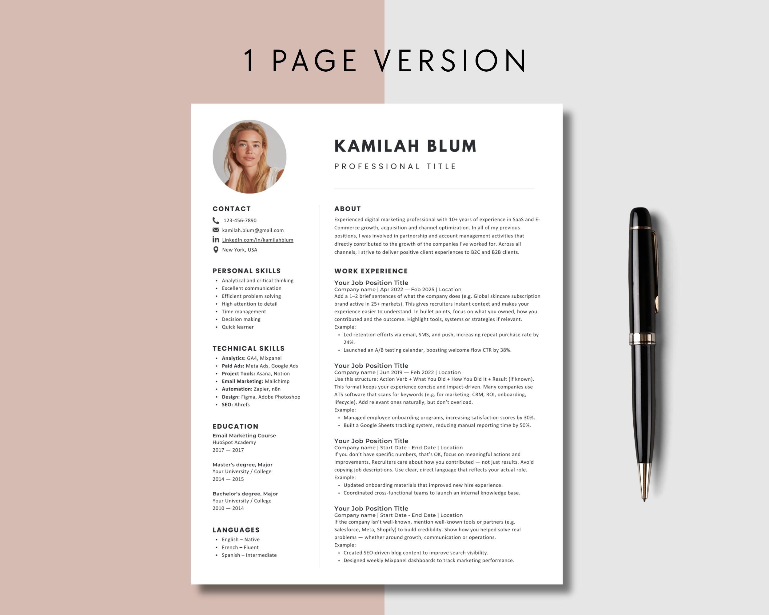 Modern Photo Resume Template With Cover Letter | Editable Canva CV ...