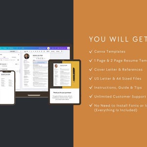 Laptop, tablet, and phone displaying modern Canva resume templates with guide and checklist. Includes 1- and 2-page versions, cover letter, and editing instructions.