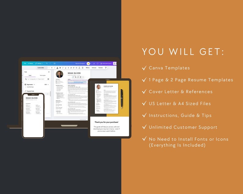Laptop, tablet, and phone displaying modern Canva resume templates with guide and checklist. Includes 1- and 2-page versions, cover letter, and editing instructions.