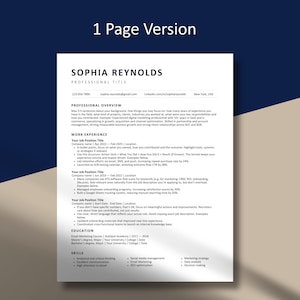 A one-page version of a clean, ATS-optimized resume template for professional job seekers, featuring clear sections for experience and skills, presented on a stylish navy blue and tan background.