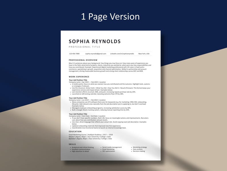A one-page version of a clean, ATS-optimized resume template for professional job seekers, featuring clear sections for experience and skills, presented on a stylish navy blue and tan background.