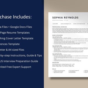 May include: A resume template with the name "SOPHIA REYNOLDS" at the top. The resume includes sections for professional overview, work experience, education, and skills. The left side of the image lists "Purchase Includes:" with Canva and Google Docs files, resume templates, and instructions.