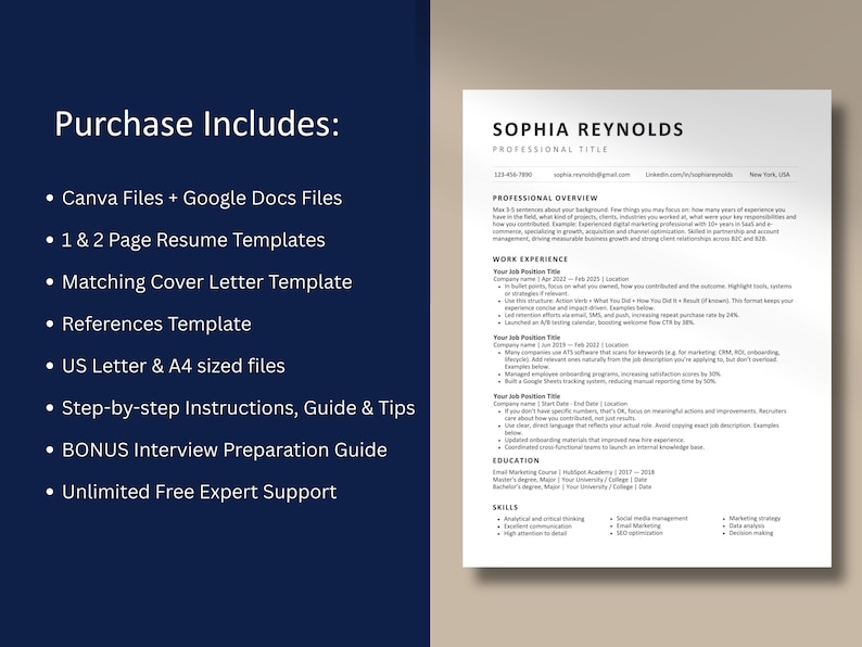 May include: A resume template with the name "SOPHIA REYNOLDS" at the top. The resume includes sections for professional overview, work experience, education, and skills. The left side of the image lists "Purchase Includes:" with Canva and Google Docs files, resume templates, and instructions.
