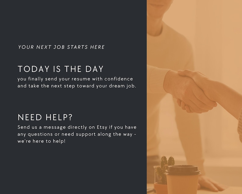 Warm motivational image with handshake and coffee cup on desk. Encouraging message for professionals using modern Canva resume templates to start new opportunities.