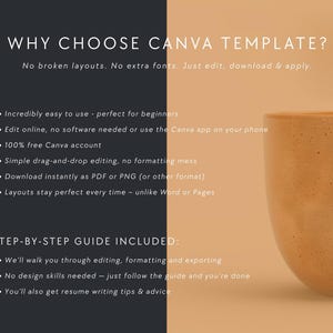Stylish black-orange split background with mug and text listing Canva resume benefits. Highlights drag-and-drop editing, instant download, and beginner-friendly design.