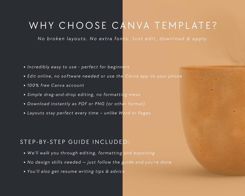 Stylish black-orange split background with mug and text listing Canva resume benefits. Highlights drag-and-drop editing, instant download, and beginner-friendly design.