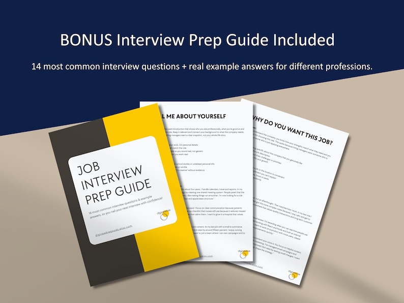 May include: A job interview prep guide with the title "JOB INTERVIEW PREP GUIDE" in white text on a black and yellow cover. The guide includes 14 common interview questions and real example answers. Two open pages are visible.