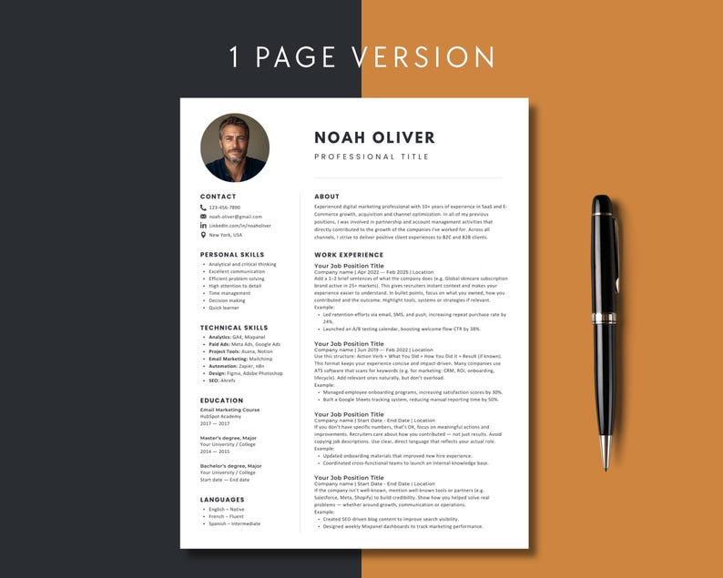 One-page minimalist resume template for Canva with professional layout and subtle orange-black tones. Great for business, design, or tech professionals seeking clean visual structure.