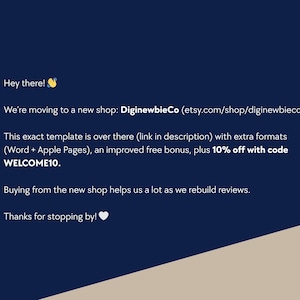 May include: Dark blue graphic with white text that reads "Hey there!" and "We're moving to a new shop: DiginewbieCo (etsy.com/shop/diginewbieco)." Additional text includes "WELCOME10" and "Thanks for stopping by!"