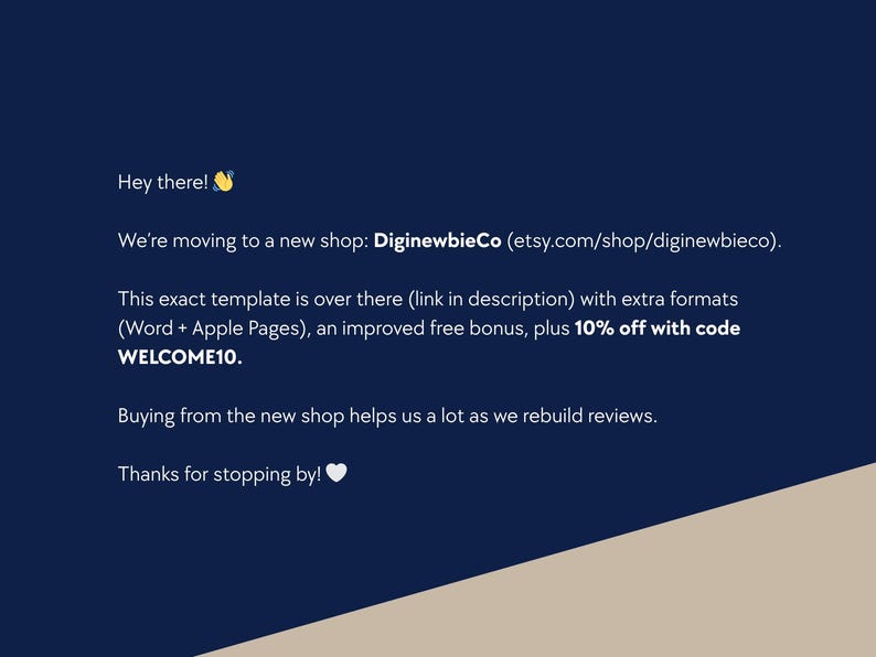 May include: Dark blue graphic with white text that reads "Hey there!" and "We're moving to a new shop: DiginewbieCo (etsy.com/shop/diginewbieco)." Additional text includes "WELCOME10" and "Thanks for stopping by!"