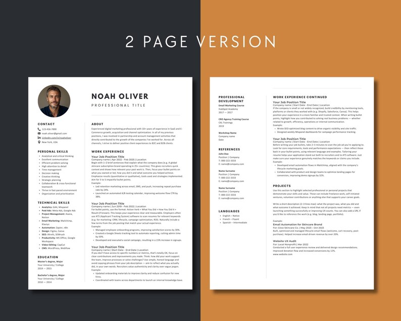 Two-page Canva resume and cover letter design with modern typography and balanced white space. Ideal for executive, consultant, or creative professional CV presentations.