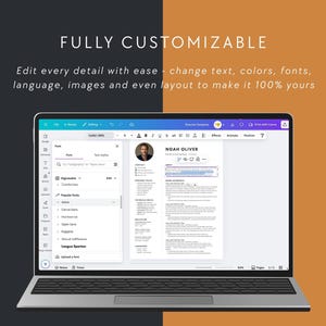 Laptop displaying Canva editor with editable resume template. Easy drag-and-drop customization — change fonts, colors, and text for a personalized professional document.