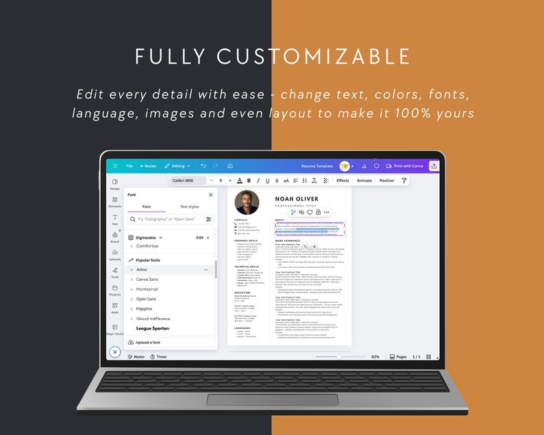 Laptop displaying Canva editor with editable resume template. Easy drag-and-drop customization — change fonts, colors, and text for a personalized professional document.