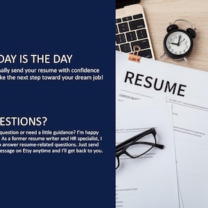 May include: A stack of resume papers with the word "RESUME" at the top, a black alarm clock, a laptop keyboard, and a pair of eyeglasses. Text on the left side reads "TODAY IS THE DAY" and "QUESTIONS?"