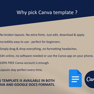 Modern one-page ATS-friendly resume template for Google Docs and Canva, featuring a clean minimalist layout and professional typography, presented on a dark grey and beige split-tone background.