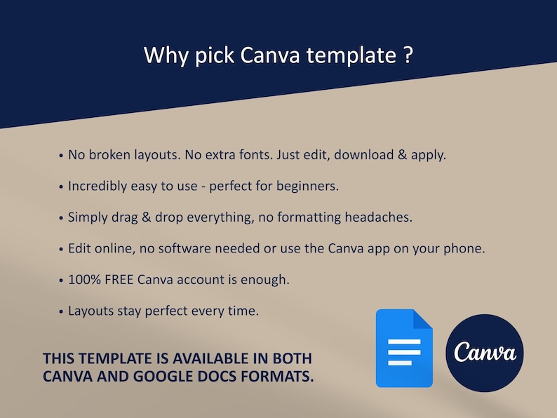 Modern one-page ATS-friendly resume template for Google Docs and Canva, featuring a clean minimalist layout and professional typography, presented on a dark grey and beige split-tone background.