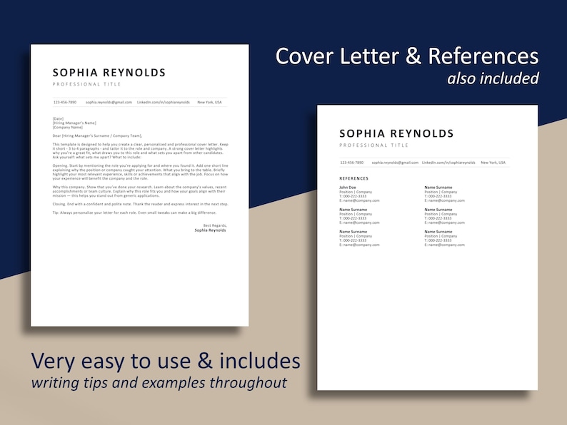 A comprehensive two-page ATS-friendly resume template for Google Docs and Canva, featuring a professional minimalist design with organized sections for work experience and projects on a modern dark blue and beige background.
