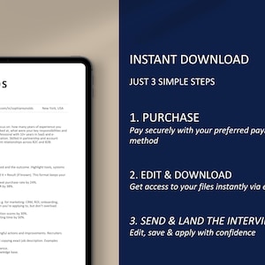 May include: A digital resume template displayed on a tablet, with the name "Reynolds" visible. The image also features text that reads "Instant Download" and instructions for purchasing, editing, and sending the resume.
