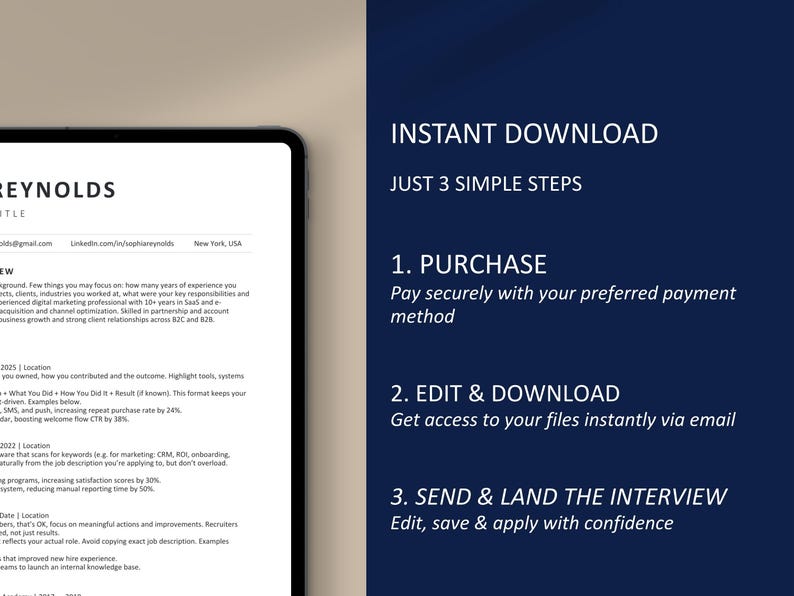 May include: A digital resume template displayed on a tablet, with the name "Reynolds" visible. The image also features text that reads "Instant Download" and instructions for purchasing, editing, and sending the resume.