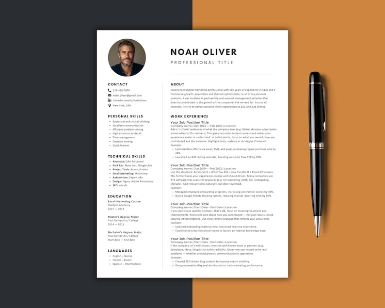 Modern professional Canva resume template featuring Noah Oliver on a sleek black and orange background with a pen. Editable executive CV design ideal for managers, marketing roles, and entrepreneurs.