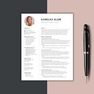 Plantilla de CV minimalista con foto / Plantilla de CV Canva / Carta de presentación, referencias incluidas