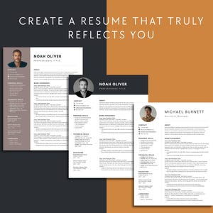 Three variations of modern Canva resume templates with different tones and portraits. Customizable career branding layout suitable for marketing, tech, and management jobs.