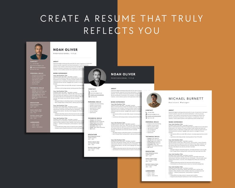 Three variations of modern Canva resume templates with different tones and portraits. Customizable career branding layout suitable for marketing, tech, and management jobs.