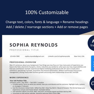 A fully customizable, ATS-friendly resume template for Google Docs and Canva, highlighting editable text, fonts, and colors on a professional navy and tan background, designed for easy job application tailoring.
