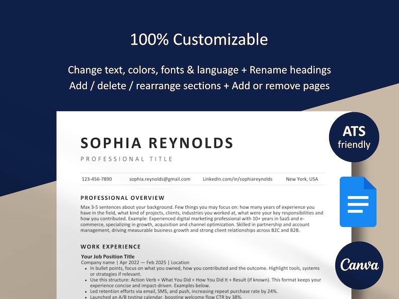 A fully customizable, ATS-friendly resume template for Google Docs and Canva, highlighting editable text, fonts, and colors on a professional navy and tan background, designed for easy job application tailoring.