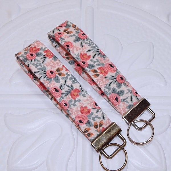Peach Floral Wrist Lanyard Keychain For Keys