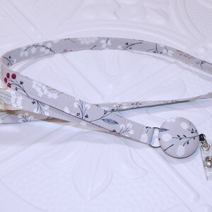 Gray Floral Lanyard With Retractable Badge Reel, Teacher Id Holder, Breakaway Option