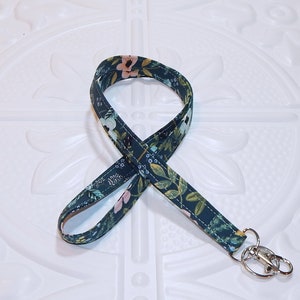 Navy Floral Fabric Lanyard, Rifle Paper Teacher Lanyard For Id Badge And Keys