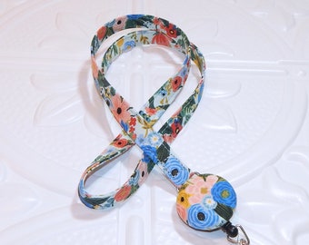 Rifle Paper Floral Fabric Lanyard With Badge Reel, Breakaway Lanyard, Teacher Lanyard With Id Holder