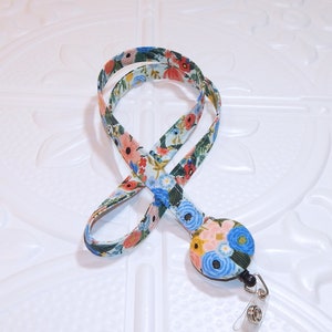 Rifle Paper Floral Fabric Lanyard With Badge Reel, Breakaway Lanyard, Teacher Lanyard With Id Holder