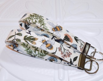 Keychain Wristlet, Floral And Bee Key Fob, Wrist Lanyard For Women