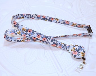 Blue Floral Fabric Lanyard With Detachable Badge Reel