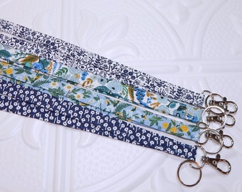 Skinny Blue Lanyard - Rifle Paper Floral Lanyard, 1/2 Inch Wide Key Neck Lanyard, Cute ID Badge Strap, Teacher Gift