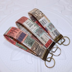 Vintage Ticket Key Fob - Wrist Lanyard - Key Fob Wristlet - Wristlet Keychain - Womens Key Ring - Key Lanyard - Keychain Wristlet