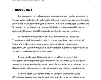 May include: A white document with the title "Formation de restaurateurs à l'IA" and the heading "1. Introduction". The document contains French text discussing menu quality and the use of AI tools like ChatGPT.