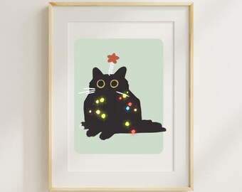 Fairy Lights Cat - Cat Art Poster - Digital Download